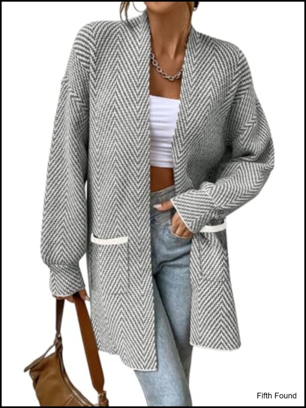 Open Front Chevron Cardigan Sweater 100% Acrylic Two Pockets Women's